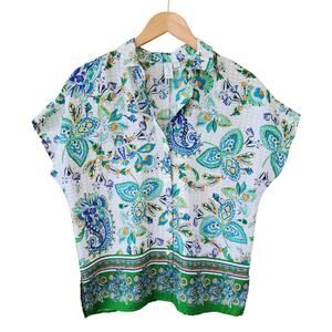 Joie Green Floral Paisley Print Button Up Top XS Short Dolman Sleeve Summer